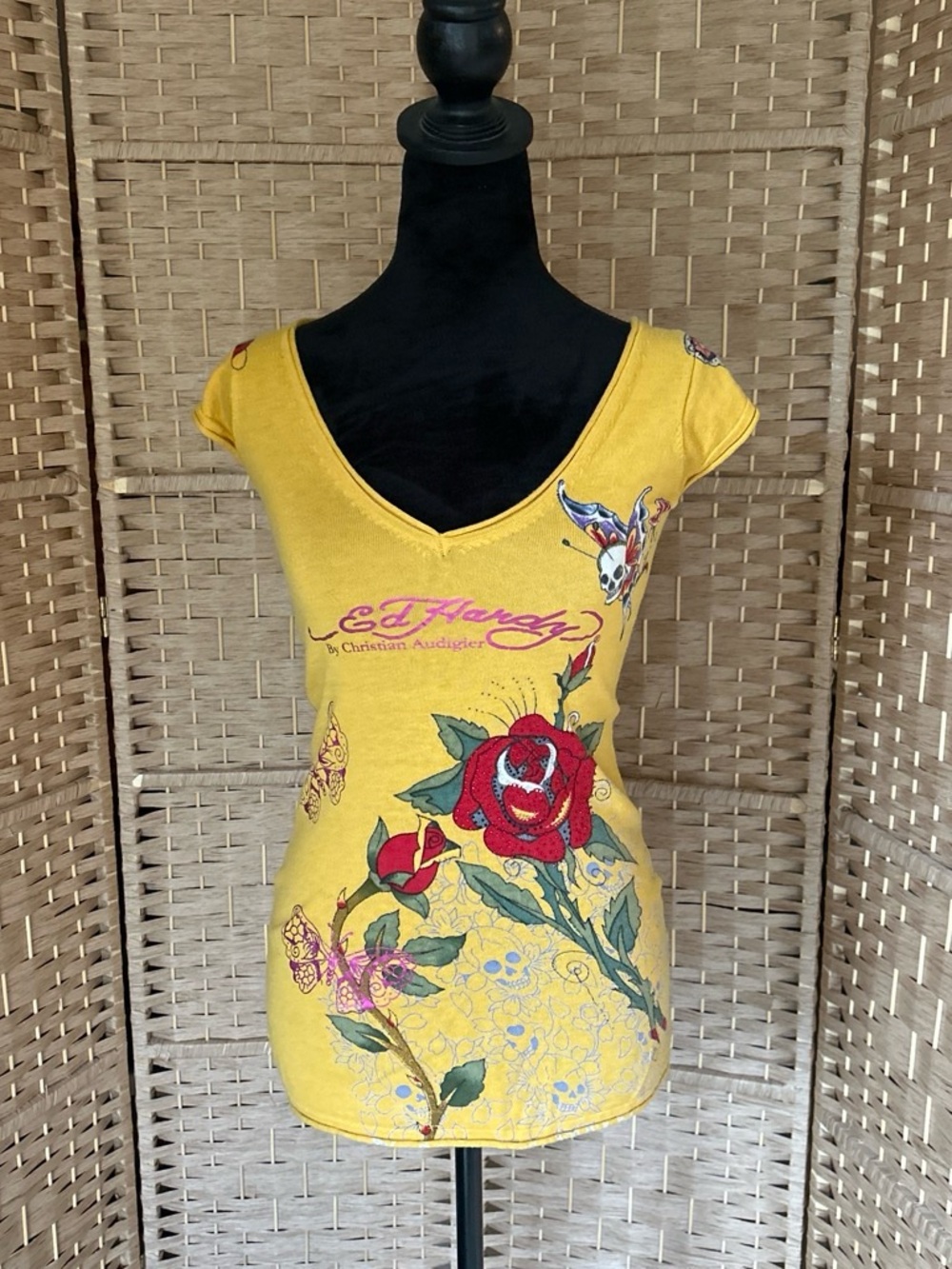 Ed Hardy Yellow V-Neck Floral & Skull Graphic Tee